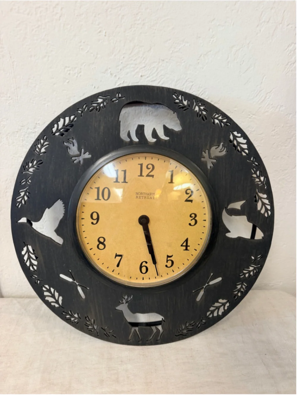 Northern Retreat Wildlife Metal Wall Clock Bear Deer Fish Rustic Cabin WORKS